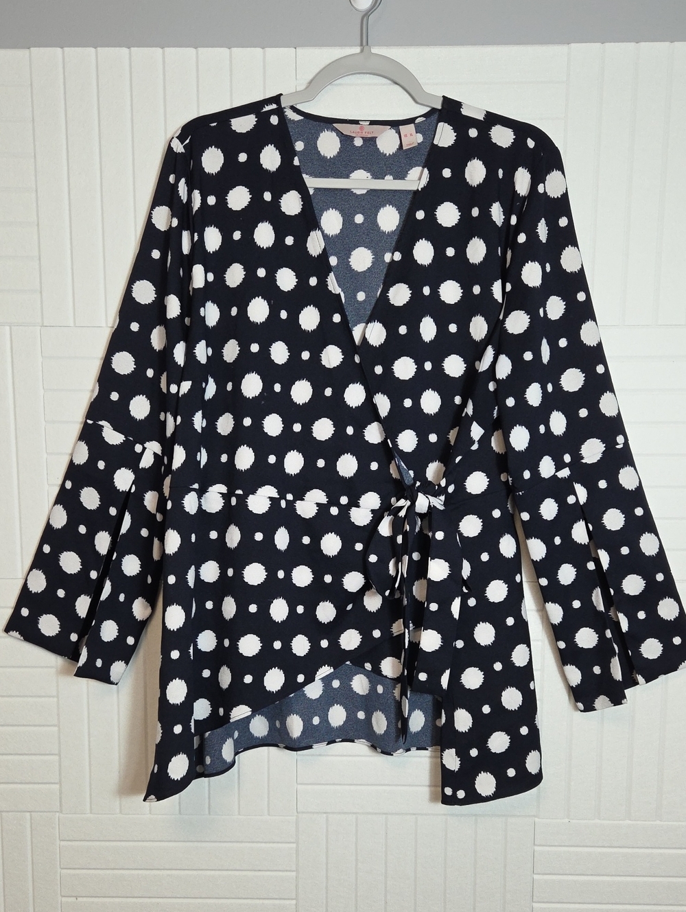 Laurie Felt Navy Blue And White Polka Dot Wrap Front Bell Sleeve Top Size XL